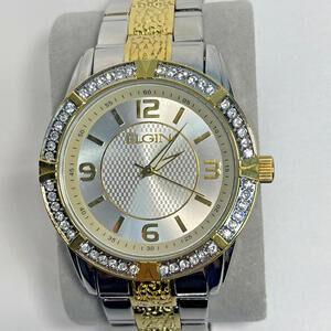 Elgin Rhinestone 43mm Gold Dial Two Tone Band FG9104ST Men's Watch NEW Battery